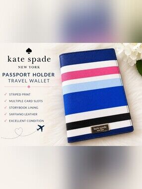 Kate Spade New York Striped Passport Holder Travel Wallet Blue Pink Saffiano